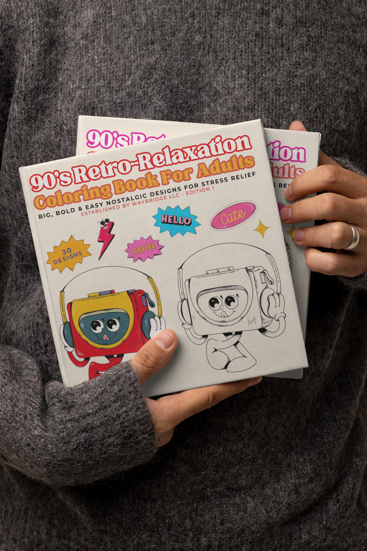 Hands holding two 90s Retro Relaxation Coloring Books for Adults by Cheery Cherry Club, featuring nostalgic character illustrations.